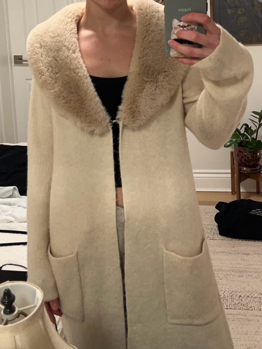 Cream Long Knit Open Coat with Fur Collar